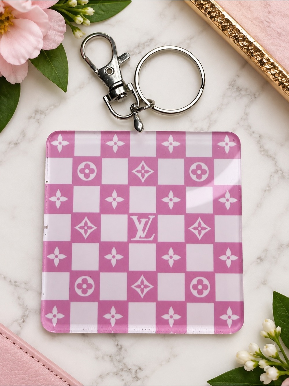 Handcrafted Pink Checkered Monogram Acrylic Bag Charm Keychain